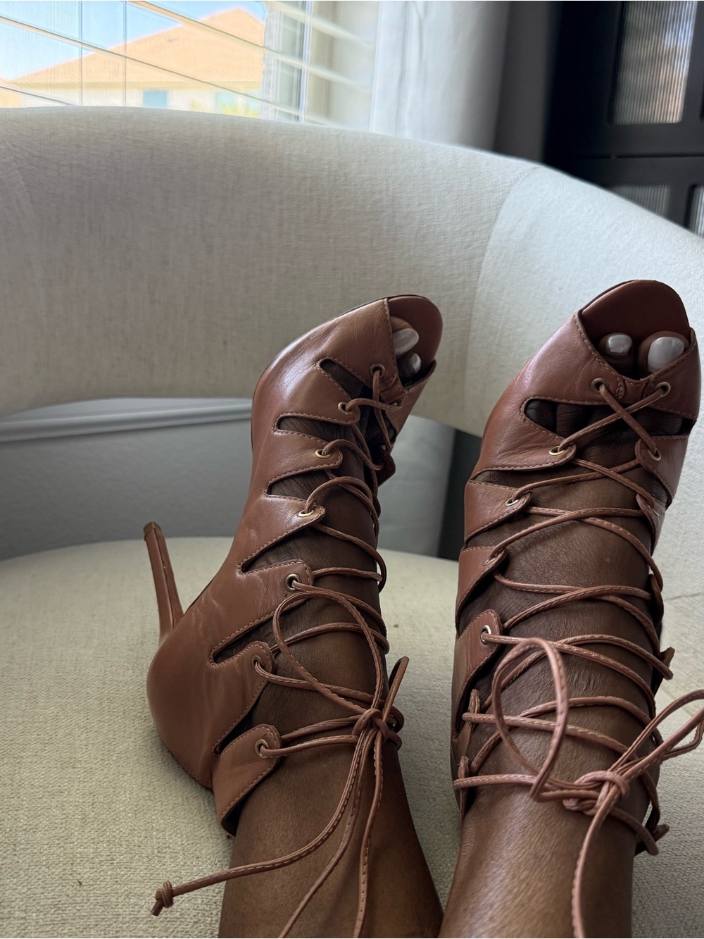 SCHUTZ Pink Lace-Up Open Toe Stiletto Heels